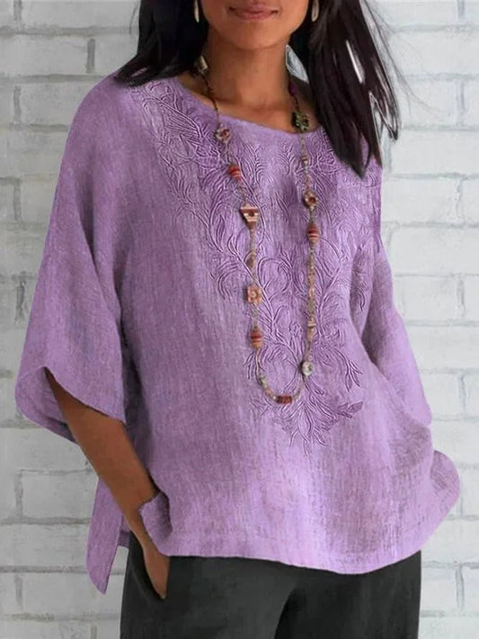 Women's blouse – Relaxed fit – Short flowy sleeves – Natural fibers – Embroidery