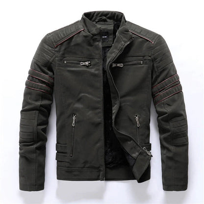 Blouson biker homme – Coupe slim – Épaules matelassées – Col montant zippé