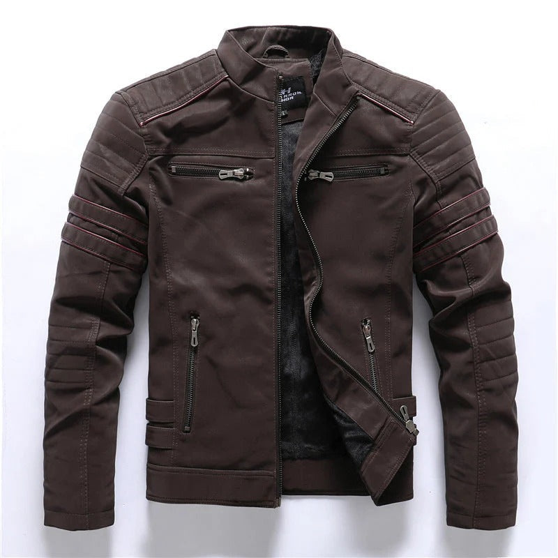 Blouson biker homme – Coupe slim – Épaules matelassées – Col montant zippé