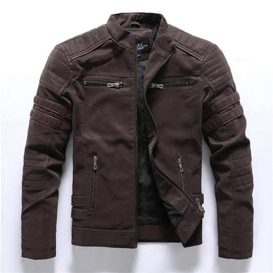 Blouson biker homme – Coupe slim – Épaules matelassées – Col montant zippé