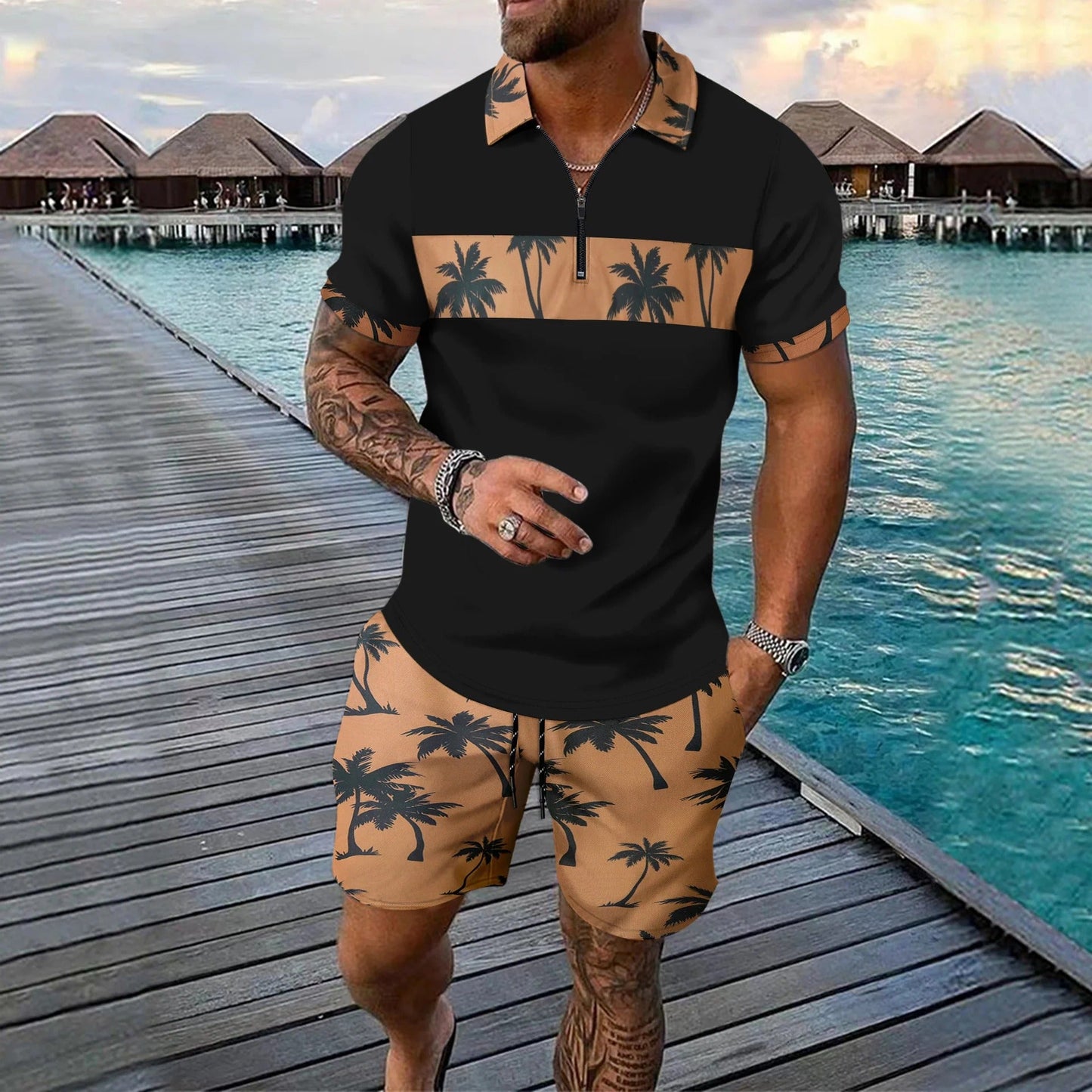 Men's Set – Relaxed Zip Polo – Drawstring Shorts – Breathable Tropical Print
