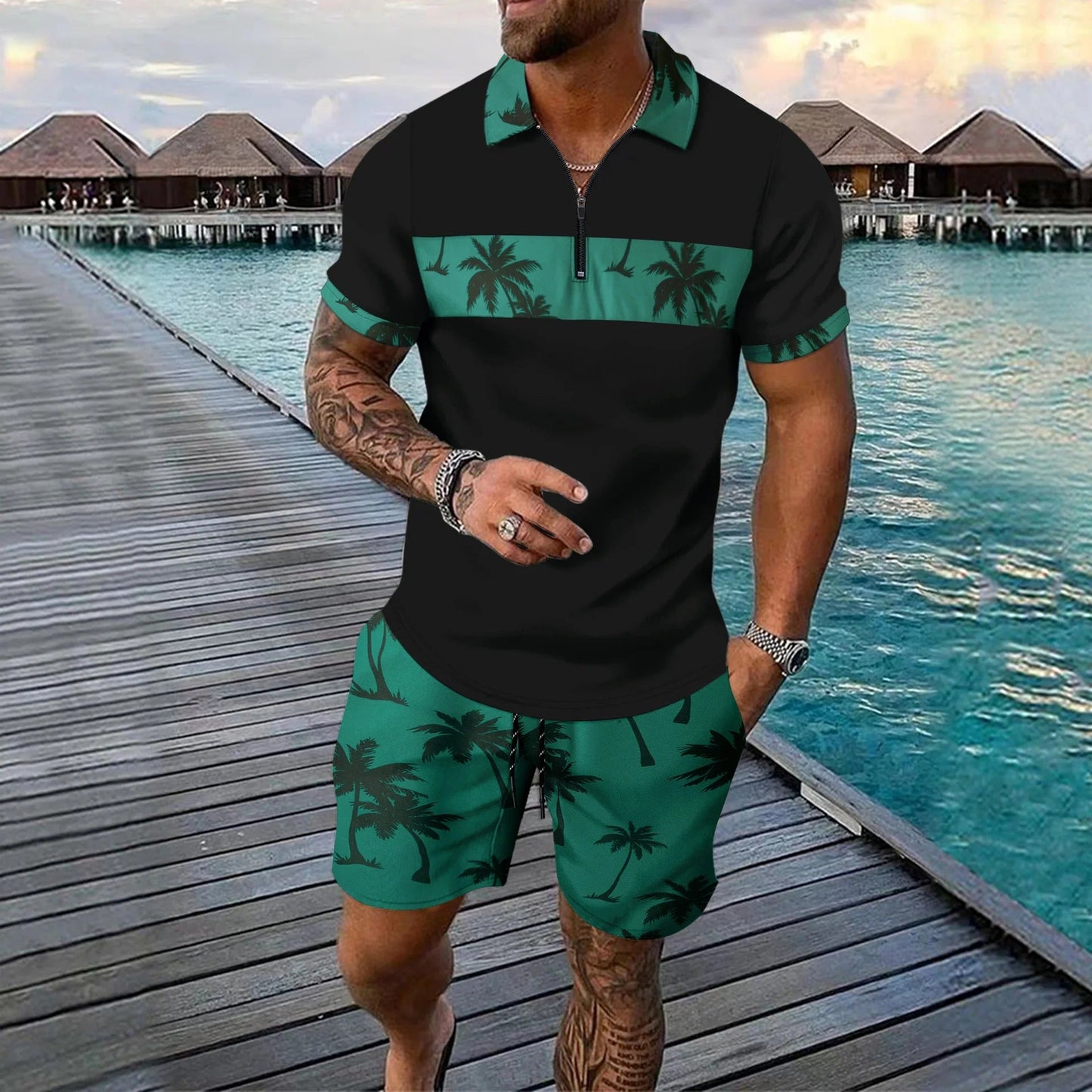 Men's Set – Relaxed Zip Polo – Drawstring Shorts – Breathable Tropical Print