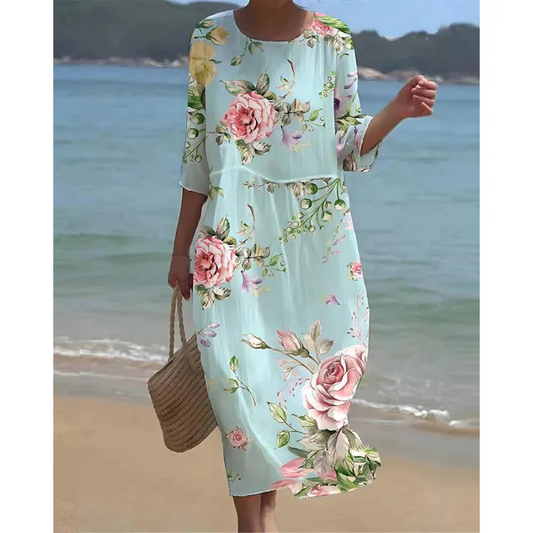 Robe midi femme – Coton – Coupe décontractée – Manches mi-longues – Imprimé floral