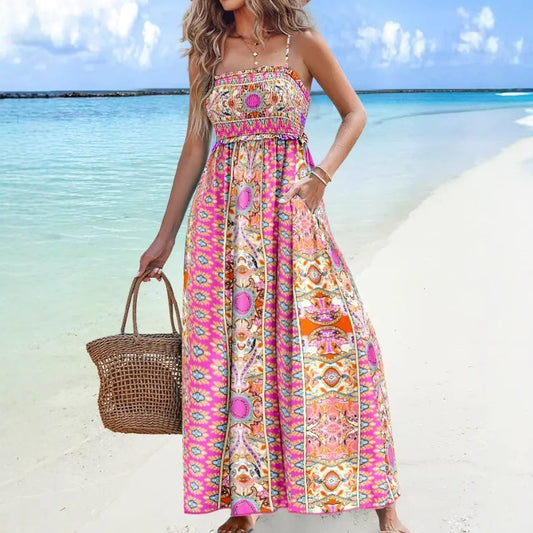Women's long dress – Light cotton – Flowing cut – Open back – Bohemian print