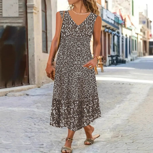 Women's midi dress – Fluid fit – Sleeveless – V-neck – Light floral print