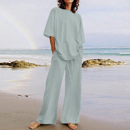 Ensemble Deux Pièces Femme – Haut Ample Col Rond – Pantalon Large avec Poches