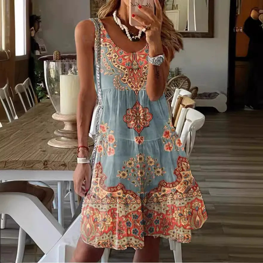 Women's short dress – V-neck – Fluid cut – Sleeveless – Bohemian print