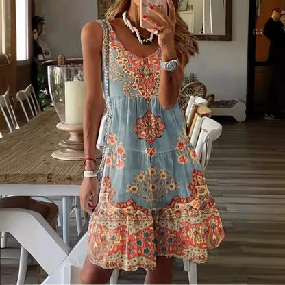 Women's short dress – V-neck – Fluid cut – Sleeveless – Bohemian print