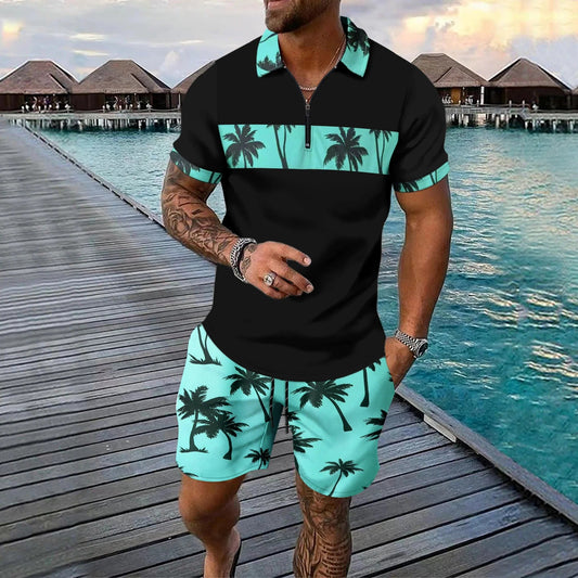 Men's Set – Relaxed Zip Polo – Drawstring Shorts – Breathable Tropical Print