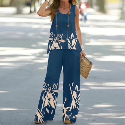 Ensemble Femme – Haut Sans Manches Floral – Pantalon Large – Coupe Décontractée
