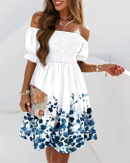 Women's midi dress – Off-the-shoulder neckline – Flared cut – Printed hem