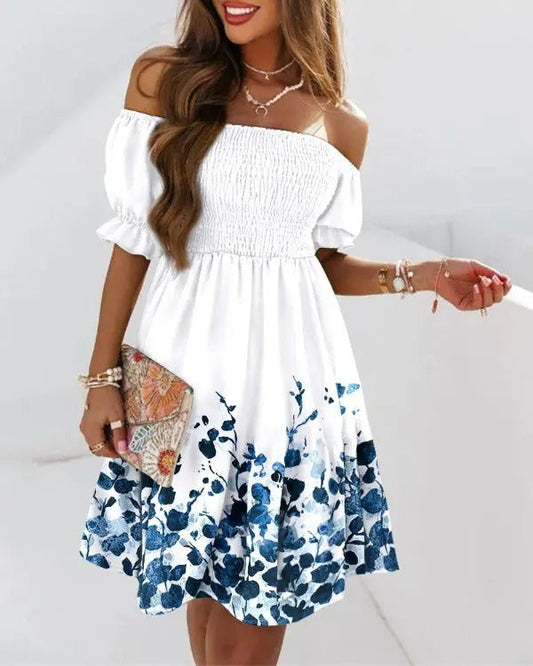 Women's midi dress – Off-the-shoulder neckline – Flared cut – Printed hem