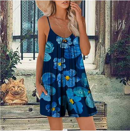 Women's Jumpsuit – Loose Fit – Thin Straps – Round Neck – Floral Print – Pockets