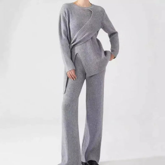 Women's Two-Piece Set – Ribbed Knit – Loose Fit – Asymmetric Sweater & Wide-Leg Pants