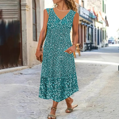 Women's midi dress – Fluid fit – Sleeveless – V-neck – Light floral print