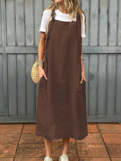 Women's midi dress – Breathable linen – Straight cut – Adjustable straps – Front pockets