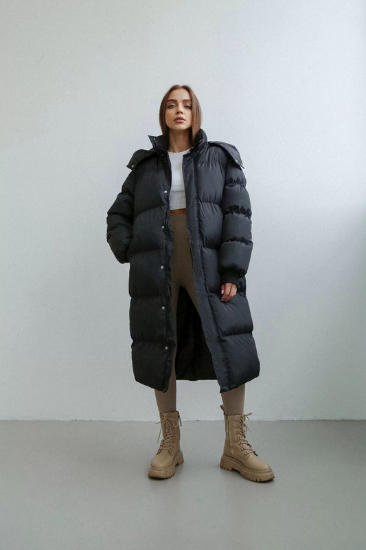 Women's Long Quilted Coat - Synthetic Fabric - Oversize Cut - Stand-Up Collar With Hood