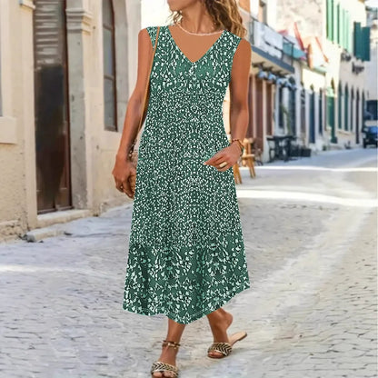 Women's midi dress – Fluid fit – Sleeveless – V-neck – Light floral print