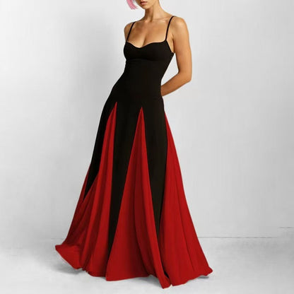 Robe swing femme – Bretelles fines – Longue fluide – Pan coupé contrasté