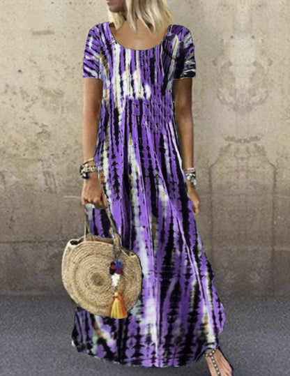 Women's long dress – Loose fit – Tie-dye print – Short sleeves