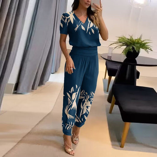Women's Two-Piece Set – Casual V-Neck Top – Tapered High-Waisted Pants