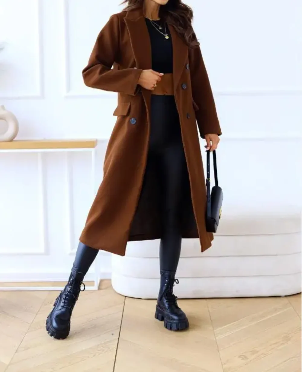 Women's Coat - Wool Blend - Fitted Cut - Ankle Length - Lapel Collar