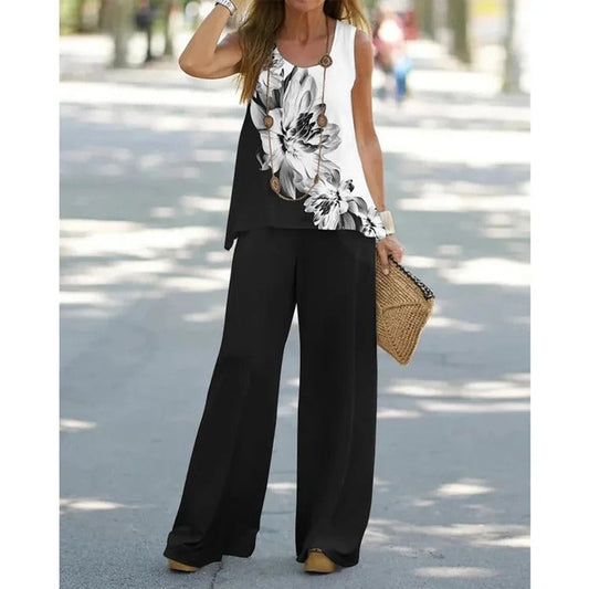 Ensemble Femme – Haut Sans Manches Floral – Pantalon Large – Coupe Décontractée