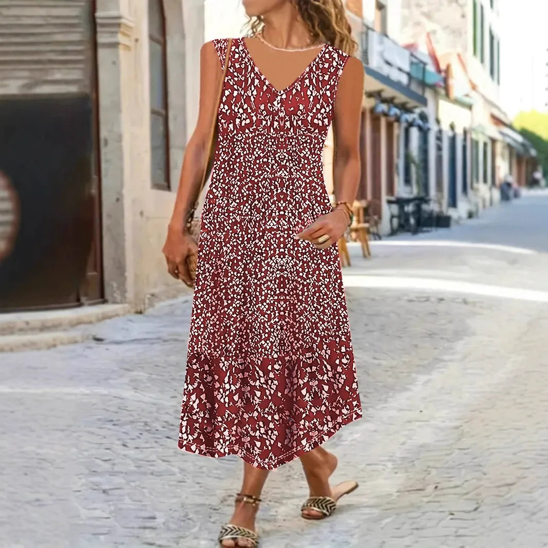 Women's midi dress – Fluid fit – Sleeveless – V-neck – Light floral print