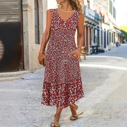 Women's midi dress – Fluid fit – Sleeveless – V-neck – Light floral print