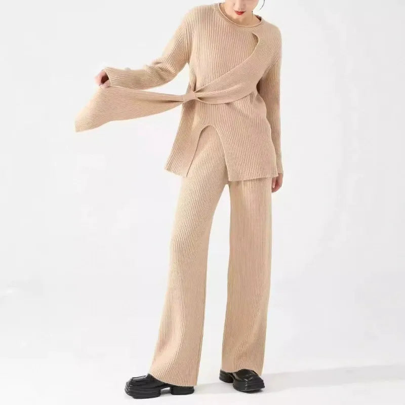 Women's Two-Piece Set – Ribbed Knit – Loose Fit – Asymmetric Sweater & Wide-Leg Pants