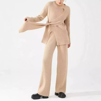 Women's Two-Piece Set – Ribbed Knit – Loose Fit – Asymmetric Sweater & Wide-Leg Pants