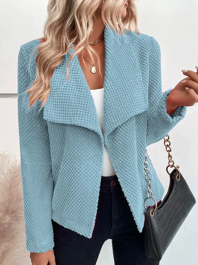 Women's Blazer Jacket – Textured Knit – Relaxed Fit – Wide Collar – Long Sleeves