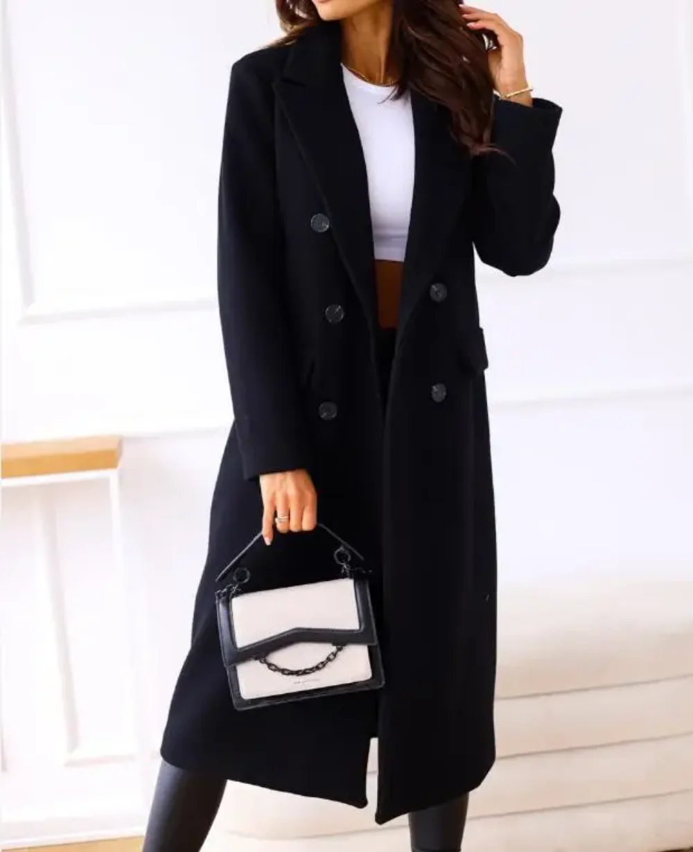 Women's Coat - Wool Blend - Fitted Cut - Ankle Length - Lapel Collar