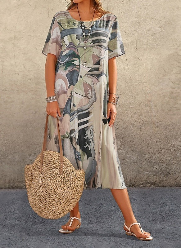 Women's dress – Relaxed fit – Abstract print – Short sleeves – Round neck