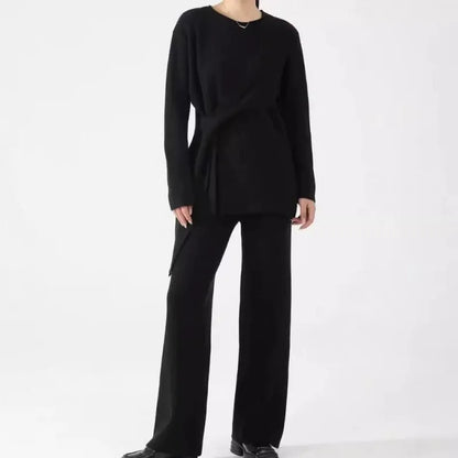 Women's Two-Piece Set – Ribbed Knit – Loose Fit – Asymmetric Sweater & Wide-Leg Pants