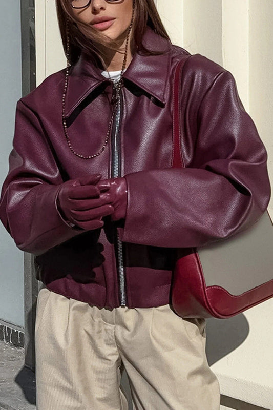 Veste femme – Similicuir PU – Coupe décontractée – Col structuré – Zip frontal