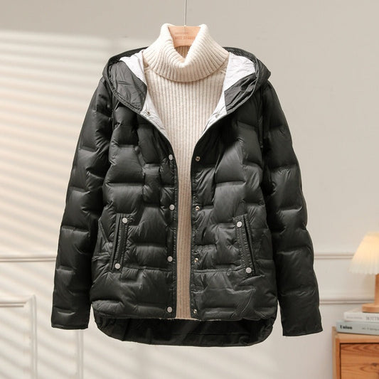 Women's Down Jacket - Woven Fabric - Relaxed Fit - Attached Hood