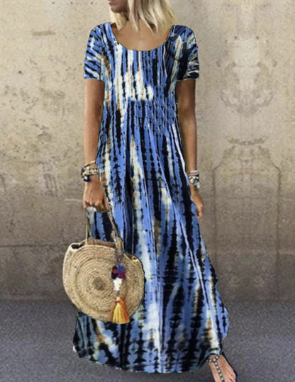 Women's long dress – Loose fit – Tie-dye print – Short sleeves