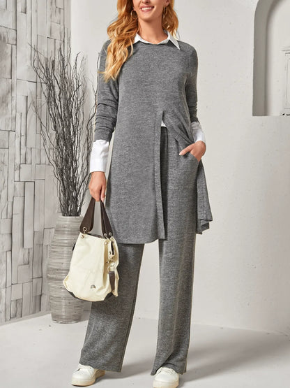 Women's two-piece set – Long slit top – Wide-leg pants – Soft knit