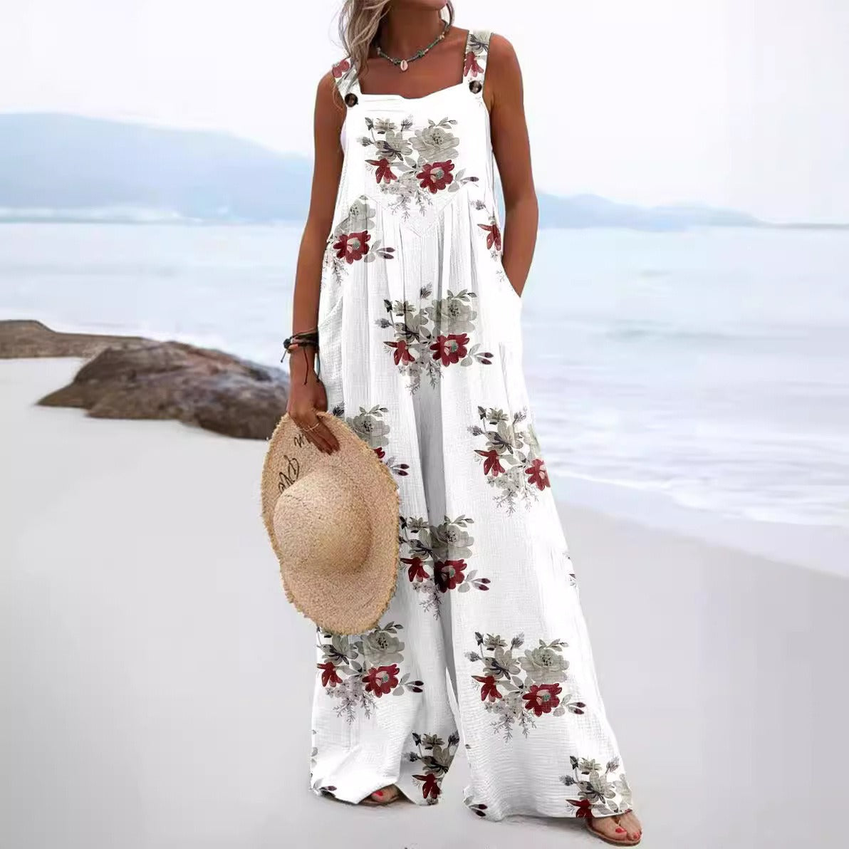 Women's jumpsuit – Loose fit – Wide leg – Buttoned straps – Cotton feel