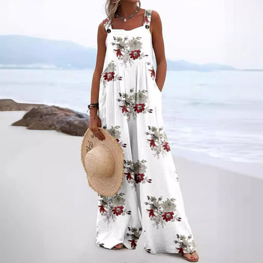 Women's jumpsuit – Loose fit – Wide leg – Buttoned straps – Cotton feel