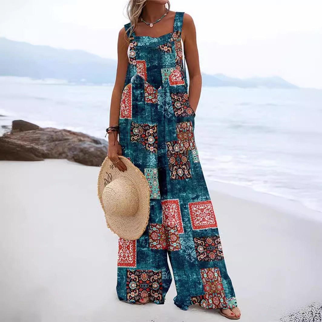 Women's jumpsuit – Loose fit – Wide leg – Buttoned straps – Cotton feel