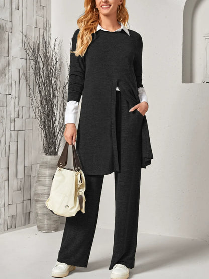 Women's two-piece set – Long slit top – Wide-leg pants – Soft knit