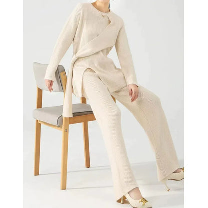Women's Two-Piece Set – Ribbed Knit – Loose Fit – Asymmetric Sweater & Wide-Leg Pants