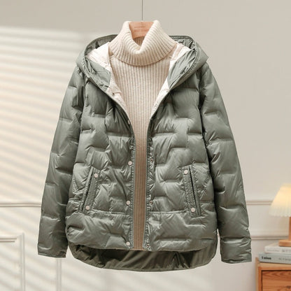 Women's Down Jacket - Woven Fabric - Relaxed Fit - Attached Hood