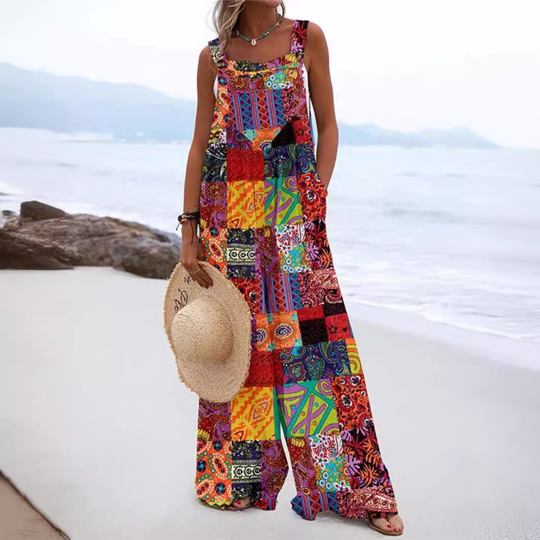 Women's jumpsuit – Loose fit – Wide leg – Buttoned straps – Cotton feel