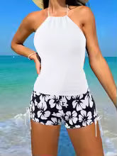 Women's tankini – Backless sleeveless – Floral shorts with ties – Breathable fabric