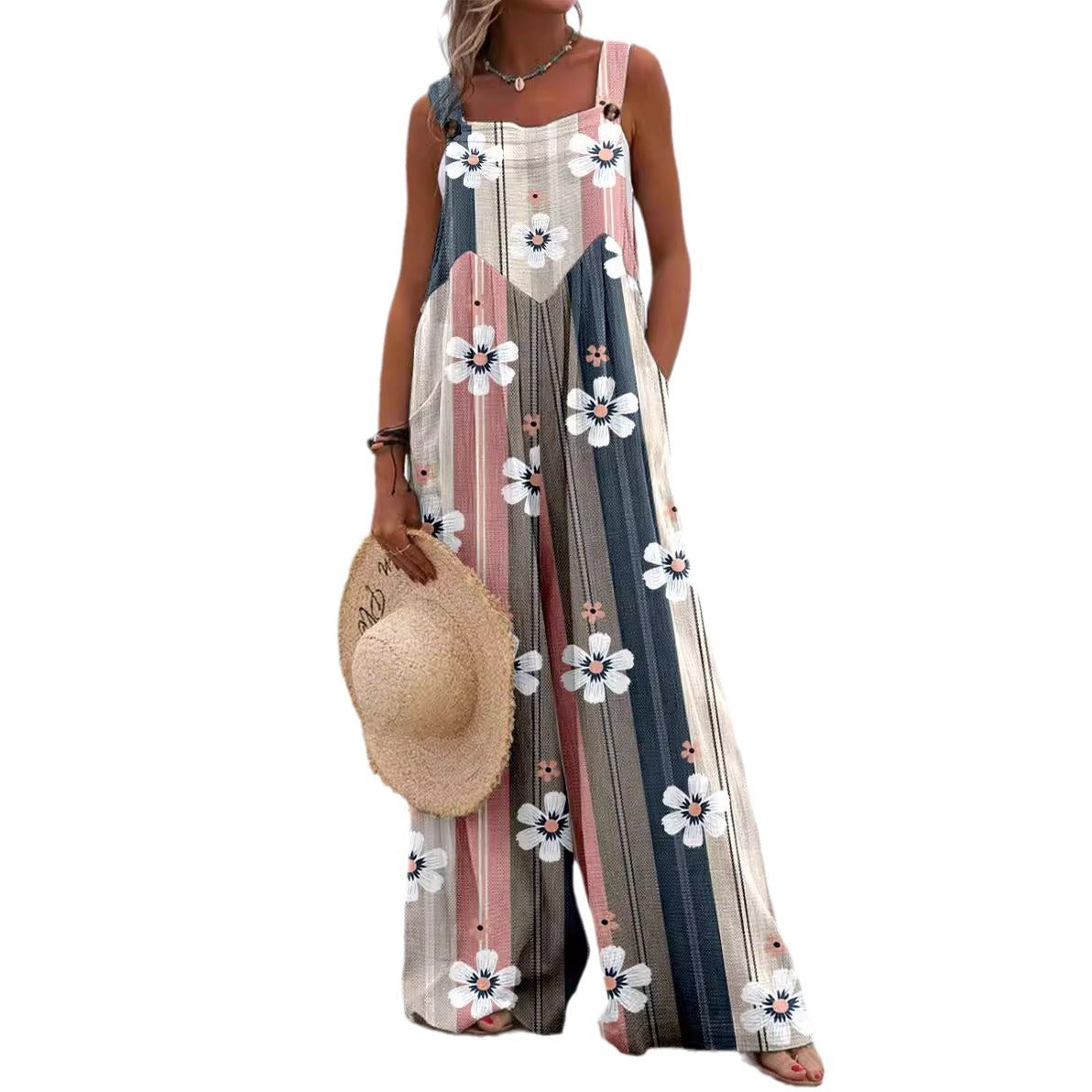 Women's jumpsuit – Loose fit – Wide leg – Buttoned straps – Cotton feel