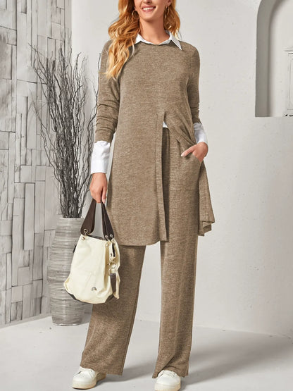 Women's two-piece set – Long slit top – Wide-leg pants – Soft knit
