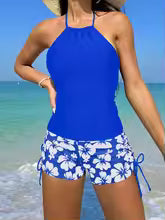 Women's tankini – Backless sleeveless – Floral shorts with ties – Breathable fabric